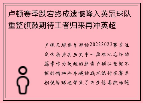 卢顿赛季跌宕终成遗憾降入英冠球队重整旗鼓期待王者归来再冲英超 卢顿赛季跌宕终成遗憾降入英冠球队重整旗鼓期待王者归来再冲英超